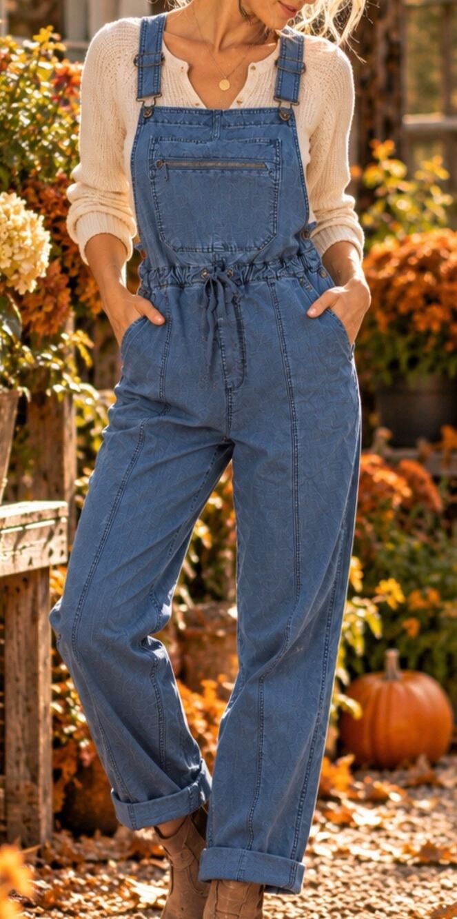 Duluth Trading Co Womens M Blue Overalls Stretch Utility Bib Drawstring Jumpsuit